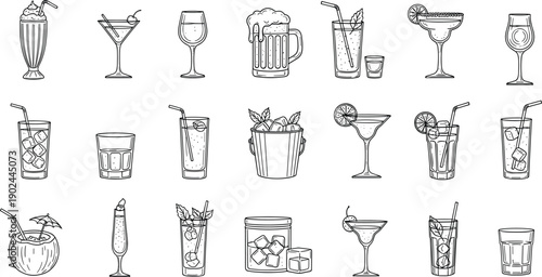 Hand drawn cocktail and beverage line icons set featuring glasses mugs ice buckets bar drinks vector illustration for restaurant menu