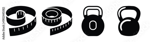 A set of fitness icons including a measuring tape and kettlebells in silhouette mode