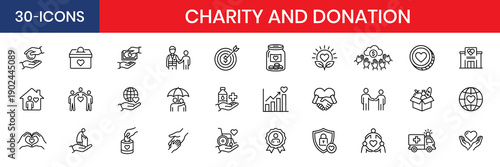 Charity And Donation Thin Line Icon Set