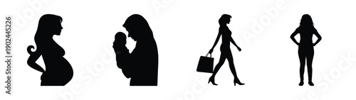 A set of black silhouette icons depicting pregnant women and businesswomen on a white background