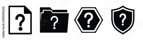 A set of question mark icons in various shapes and designs, including a document, folder, hexagon, and shield silhouette