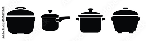 A set of cooking pots and pans in a flat, minimalist silhouette style