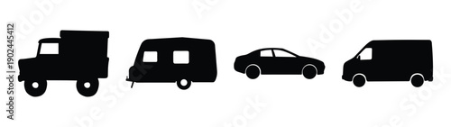 A set of vehicle silhouettes including a truck, camper, car, and van on a white background silhouette