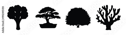 A set of tree silhouettes in various shapes and styles on a white background silhouette