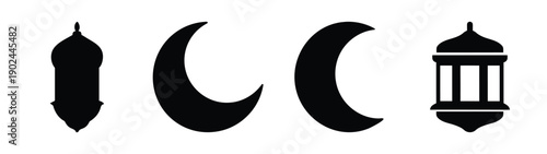 A minimalist vector graphic illustration of various moon phases and a lantern in silhouette mode