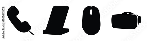 A set of office equipment silhouettes including a phone, laptop, mouse, and camera on a white background silhouette