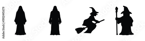 A set of black silhouette icons depicting magical characters on a white background