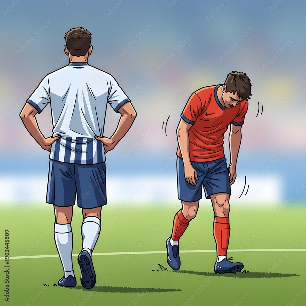 Fototapeta premium Dejected football player shows fatigue on the pitch