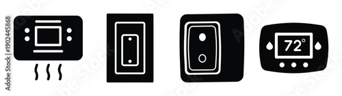 A set of modern smart home device icons in a flat minimal design style silhouette