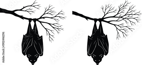 Black bat silhouette hanging upside down from a tree branch, spooky wildlife night animal, cad drawing flat vector illustration, halloween