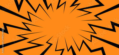 Dynamic, energy comic book style zoom with black lightning bolts on orange background