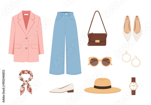 Flat lay of women's spring outfit with pink blazer, blue wide-leg jeans, accessories and shoes, stylish casual fashion concept for lifestyle