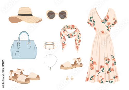 Floral summer dress outfit with beige sandals, straw hat, sunglasses, blue handbag, scarf, and jewelry flat lay perfect for warm weather fashion