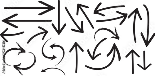 Collection of black arrows pointing in various directions on a white background