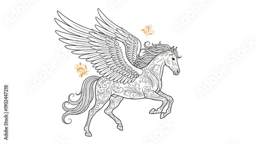Intricate black line drawing of a pegasus with gold floral ornaments in a mythic and high fantasy artistic style.