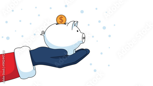 Santa claus wearing a red suit and blue glove holding a white piggy bank with a gold dollar coin being inserted.