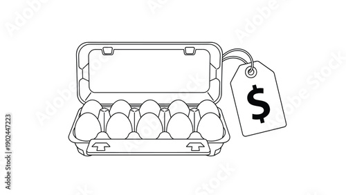 Simple black and white line drawing of ten eggs in an open cardboard carton with a large dollar sign price tag.