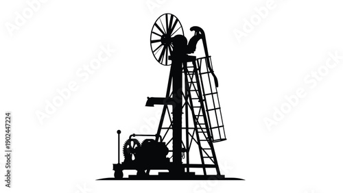Detailed black silhouette of a vintage oil derrick and drilling machinery used for petroleum extraction on field.
