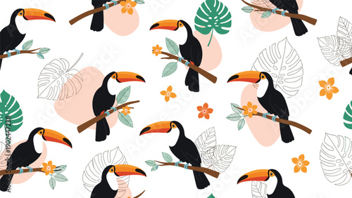 Vibrant seamless pattern with colorful toucan birds perched on branches surrounded by tropical leaves and flowers.