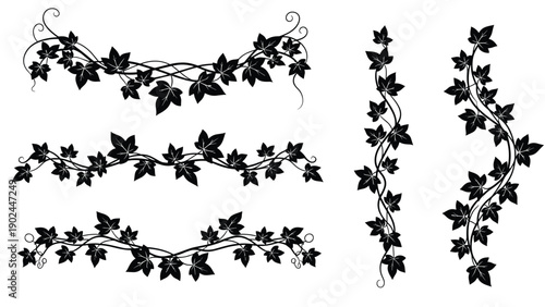 Collection of decorative black silhouette borders and dividers made from winding ivy vines and pointed leaves.