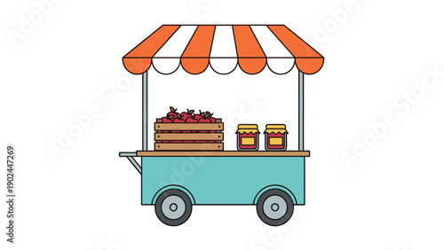 Charming illustration of a blue fruit stand cart with a basket of fresh red apples and jars of homemade jam.