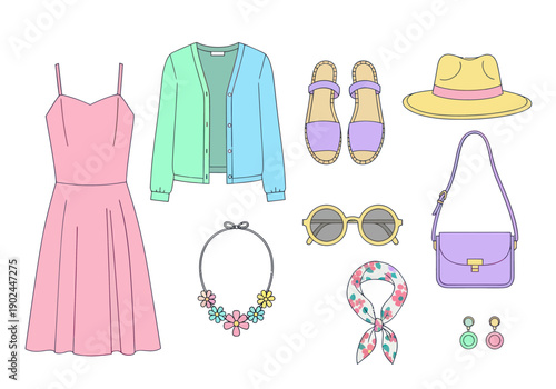 Spring and summer casual women's fashion set including dress, cardigan, sandals, hat, sunglasses, bag, floral necklace, scarf, and earrings for stylish outdoors