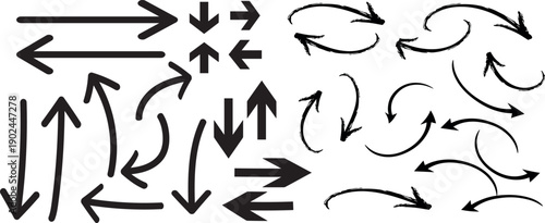 Collection of black arrows pointing in various directions on white background