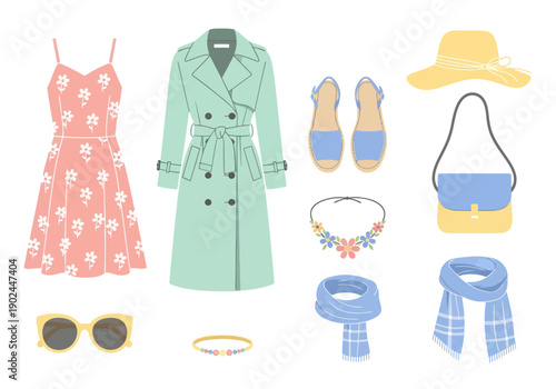 Spring summer women's fashion collection with floral dress, trench coat, sandals, hat, sunglasses, scarves, purse, and accessories, perfect for seasonal style