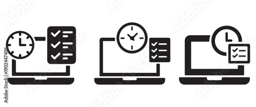 Laptop icon with clock and checklist for time management