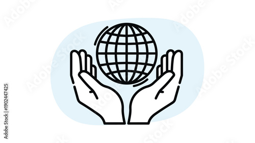 Simple line icon of human hands holding and protecting the globe on a light blue background for environmental and sustainability themes.