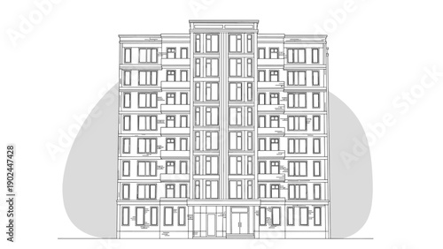 Detailed architectural sketch of a modern multi story apartment building with many windows and balconies for real estate development.