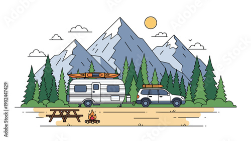Scenic mountain campsite landscape with a camper trailer and SUV parked by a lake under a bright sun for outdoor travel and adventure.