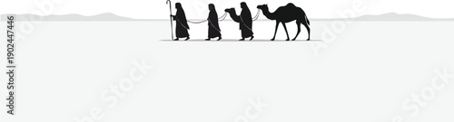 People Walking with Camel in Desert.