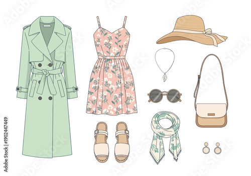 Spring summer women's fashion outfit set with trench coat floral dress hat sandals scarf sunglasses purse and jewelry, stylish casual look