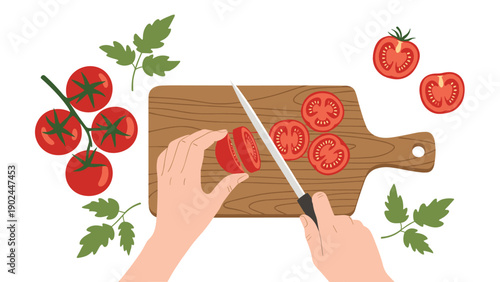 Top view of hands slicing a fresh red tomato on a wooden cutting board with parsley leaves for healthy cooking and culinary themes.