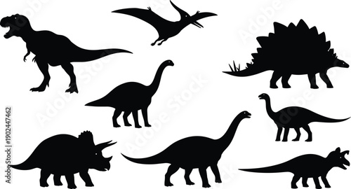 Black Dinosaur Silhouettes Collection Set of Prehistoric Reptiles Including Tyrannosaurus Rex Stegosaurus Brachiosaurus and Triceratops Isolated on White Background Vector Illustration