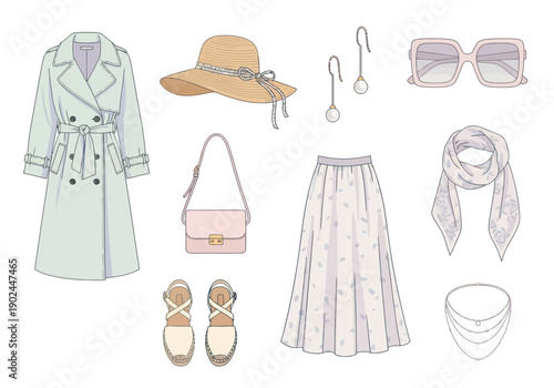 Stylish spring pastel outfit with trench coat, hat, skirt, sandals, sunglasses and accessories for casual elegant wear