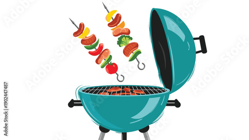 Open turquoise barbecue grill with floating skewers of meat and vegetables for summer party invitations and outdoor cooking themes.