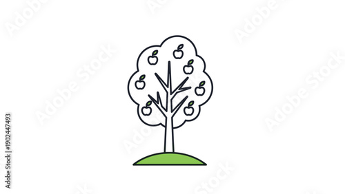 Simple minimalist line icon of an apple tree with red fruits on a green mound for environmental and healthy eating graphics.
