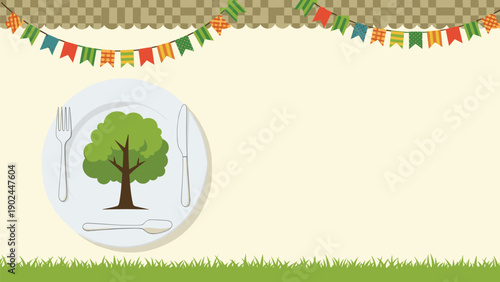 Creative layout featuring a tree on a dinner plate with cutlery promotes eco-friendly dining or sustainable food.