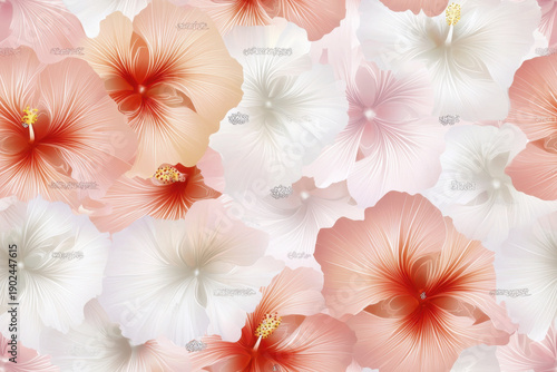 Beautiful floral pattern featuring hibiscus flowers shades of red, pink, and white, creating vibrant and cheerful atmosphere