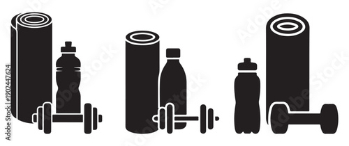 Fitness equipment silhouette: yoga mat, water bottle, dumbbells
