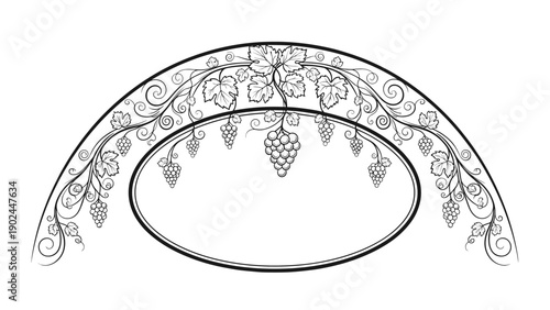 Intricate black and white arched frame decorated with grape vines and fruit clusters for elegant winery stationery.