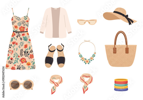 Summer floral dress outfit with accessories including cardigan, sandals, sunhat, sunglasses, scarf, necklace, handbag and bracelets for casual wear