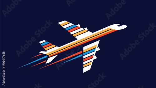 Retro style airplane flying upward with vibrant colorful stripes depicts air travel, aviation, and vacation trips.