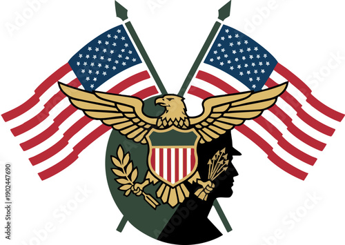 United States Patriotic Crest with Flags and Veteran Silhouette