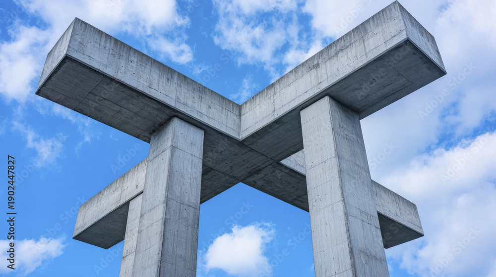 Fototapeta premium Brutalist architecture features concrete structure with unique geometric design against blue sky, evoking sense of strength