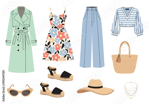 Women's spring and summer fashion outfit flat lay with floral dress, green trench coat, blue pants, striped blouse, hat, sunglasses, sandals, bag, and necklace for seasonal style