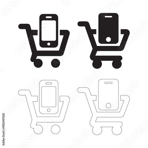 Black and outline icons of shopping carts with smartphones