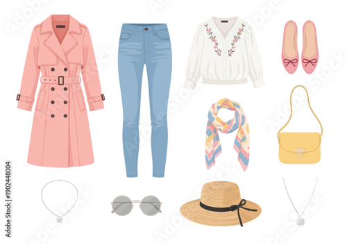 Women's stylish spring outfit flat lay with pink trench coat, blue jeans, floral blouse, accessories and pastel flats, perfect for casual fashion design